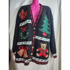 Nut Cracker Christmas Cardigan Sweater Women's Blue Red Vintage L (WC100
